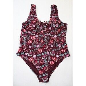 HOT WATER 1 Pc Swimsuit Plus 2X Front Lacing High Cut Legs Burgundy Floral #03